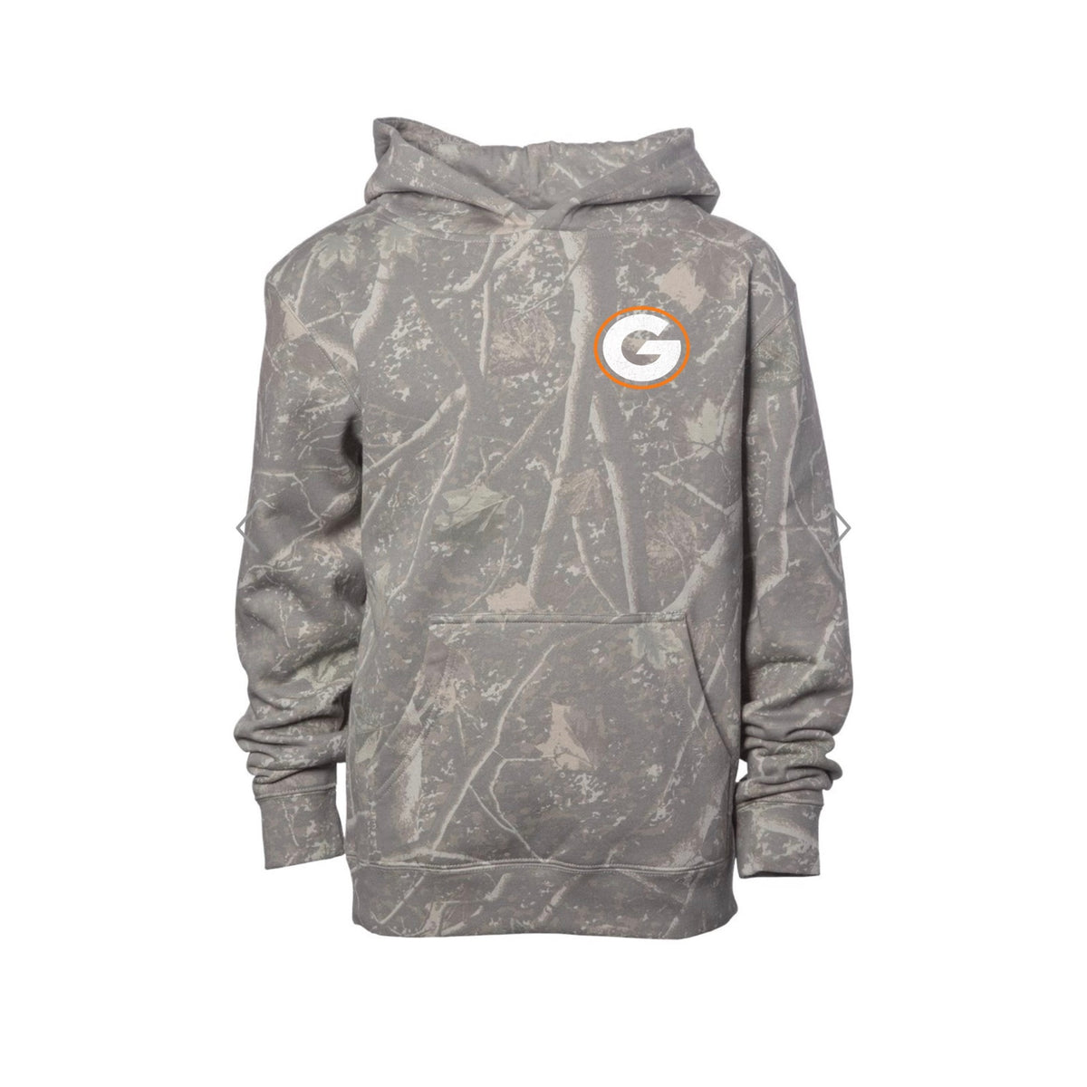 Green Bulldogs grey camo youth hoodie with white G logo and orange outline