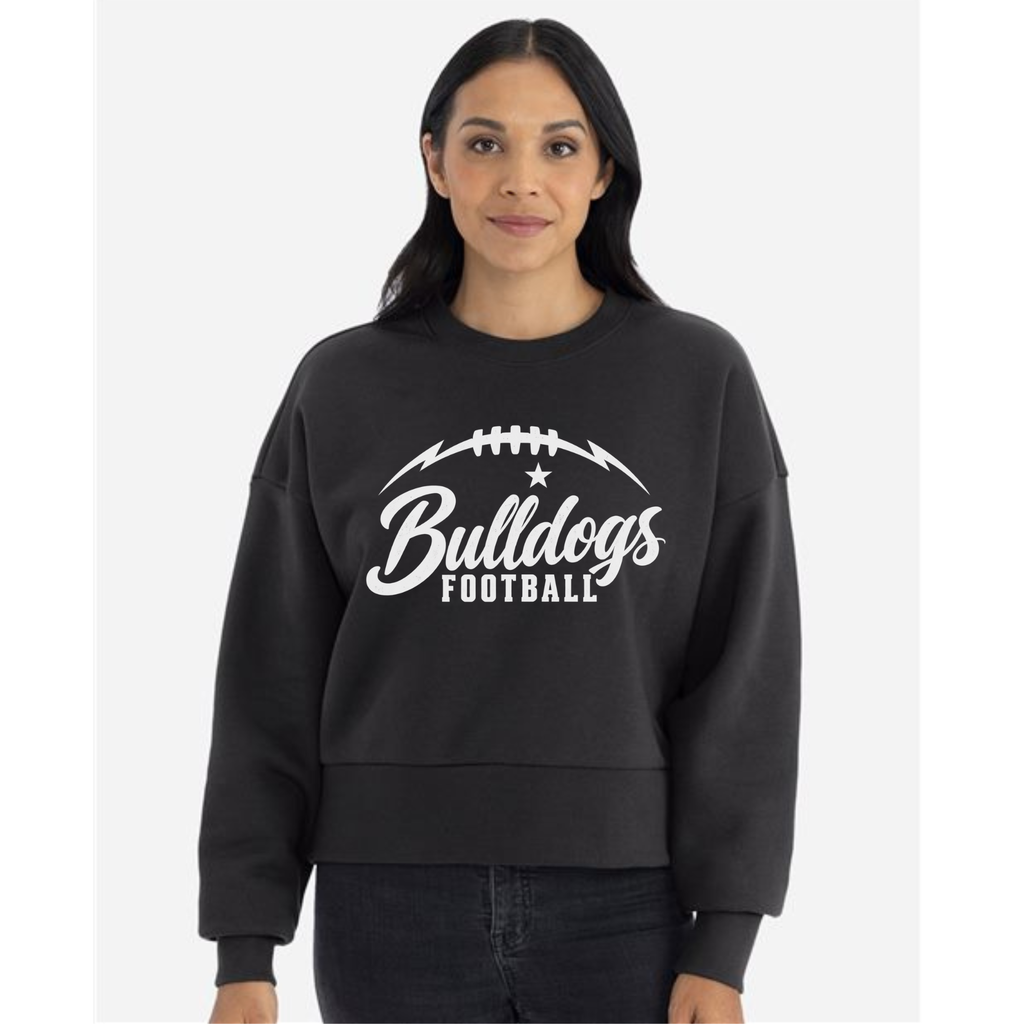 Model wearing Green Bulldogs Football women's oversized heavyweight crewneck sweatshirt in black