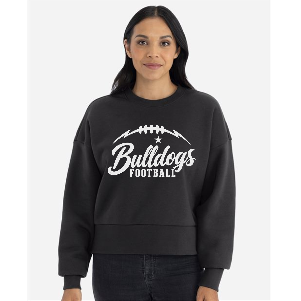 Model wearing Green Bulldogs Football women's oversized heavyweight crewneck sweatshirt in black