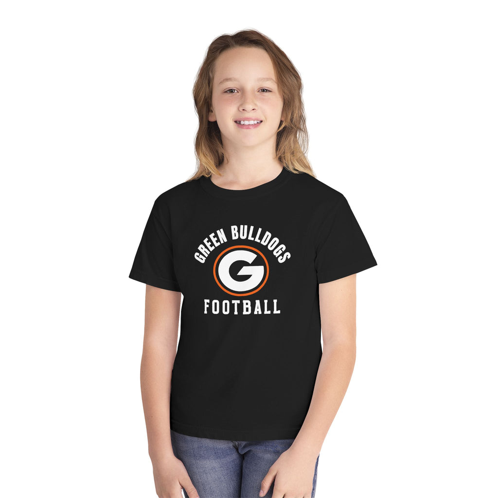 Youth model wearing Green Bulldogs Football black tee
