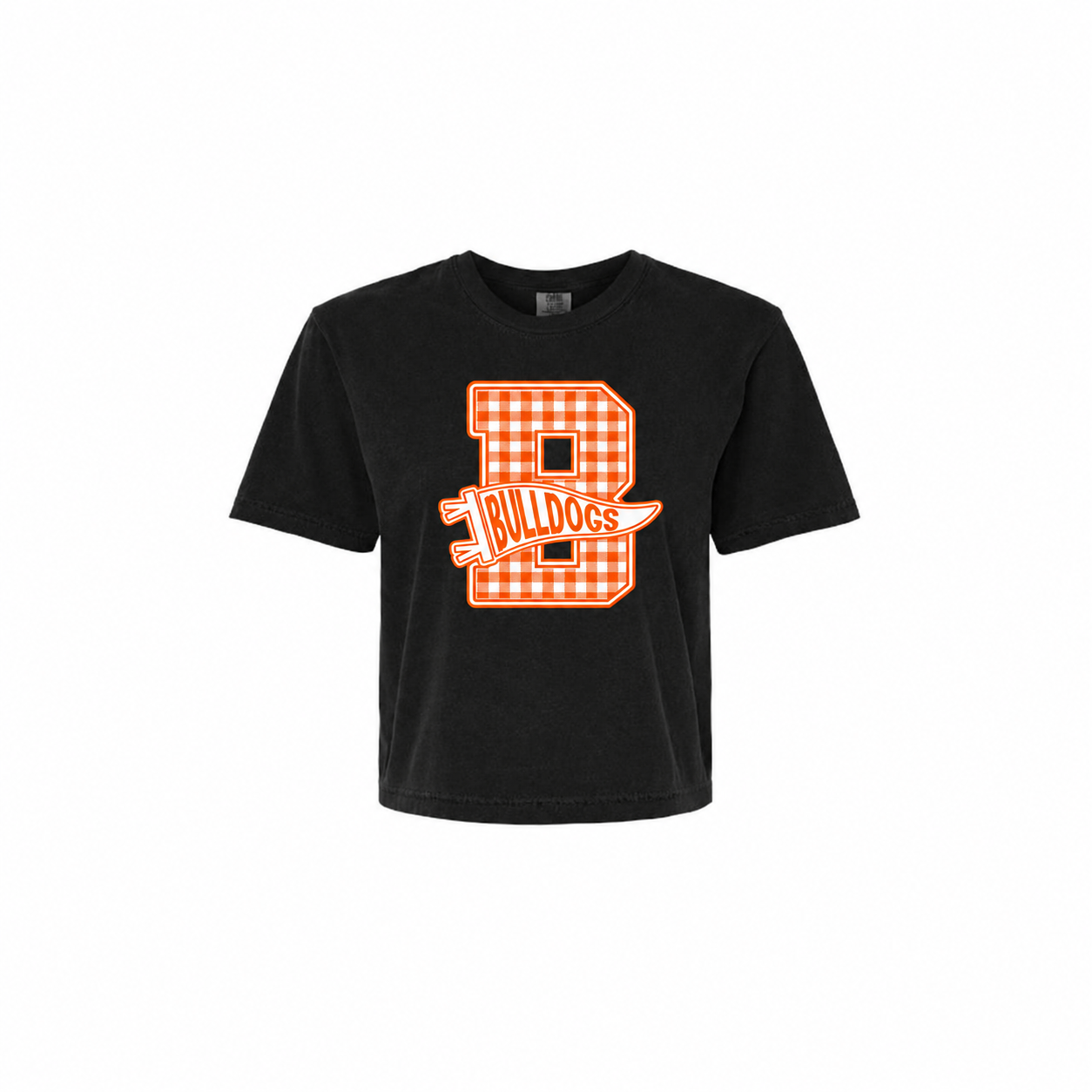 Green Bulldogs gingham B Comfort Colors mid-crop tee in Black