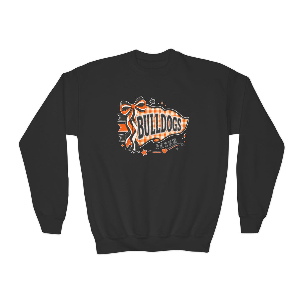 Green Bulldogs gingham bow youth crewneck in Black