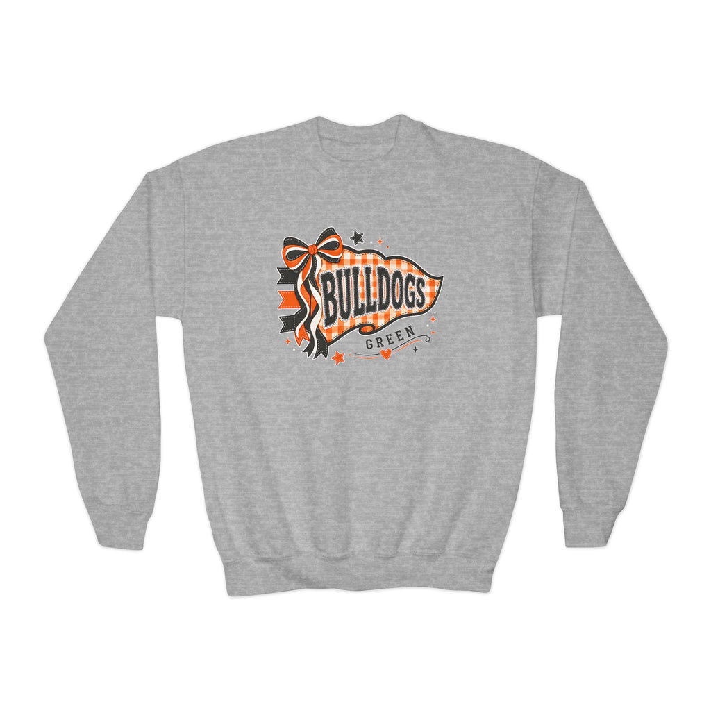 Green Bulldogs gingham bow youth crewneck in Sport Grey