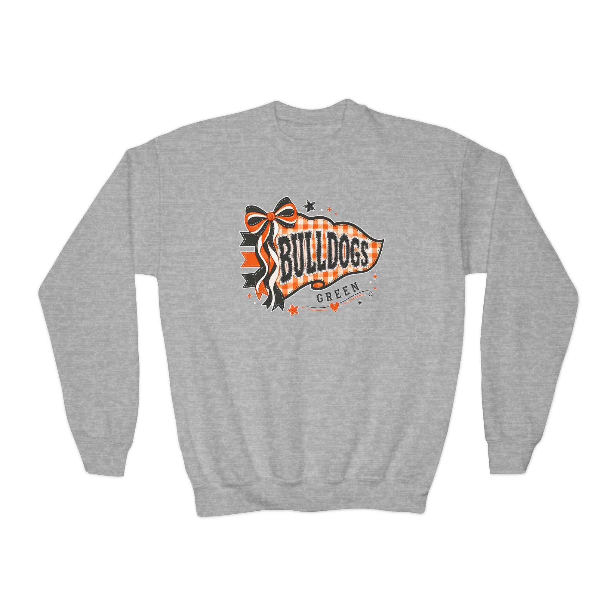 Green Bulldogs gingham bow youth crewneck in Sport Grey