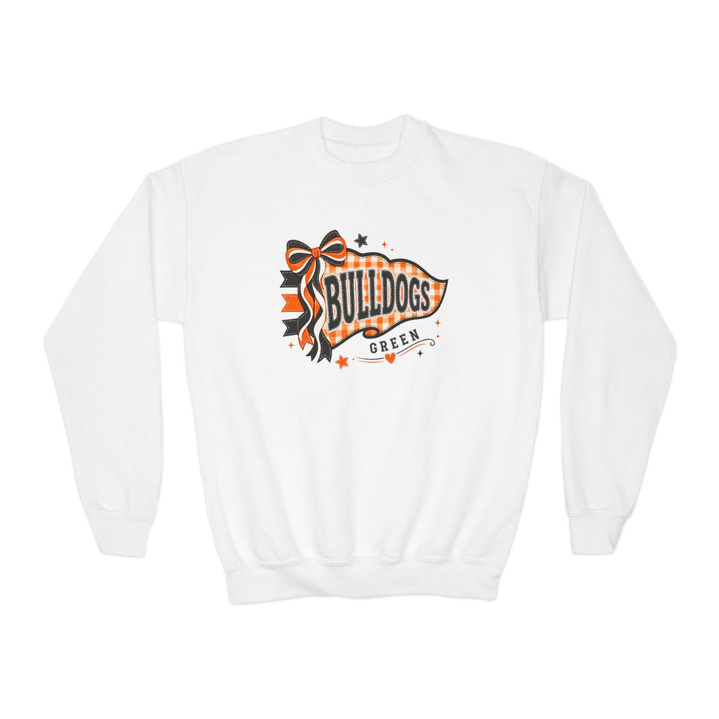 Green Bulldogs gingham bow youth crewneck in White
