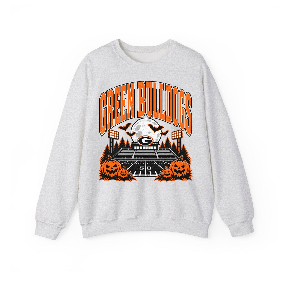 Green Bulldogs haunted stadium Halloween crewneck sweatshirt in ash gray