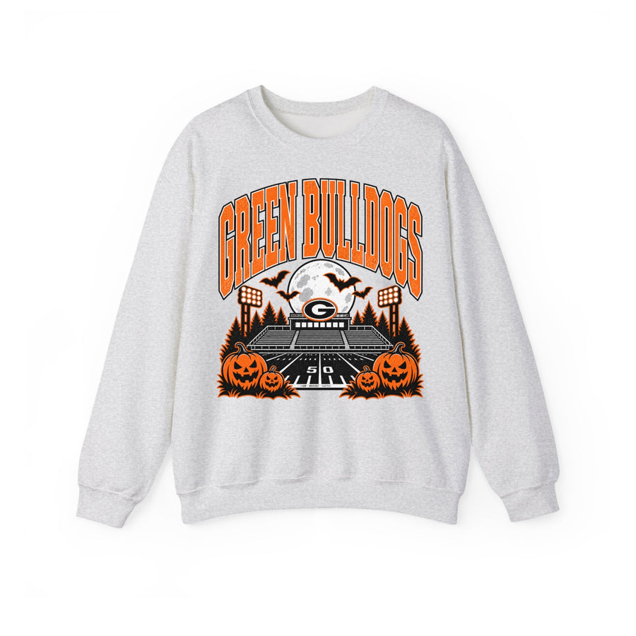 Green Bulldogs haunted stadium Halloween crewneck sweatshirt in ash gray