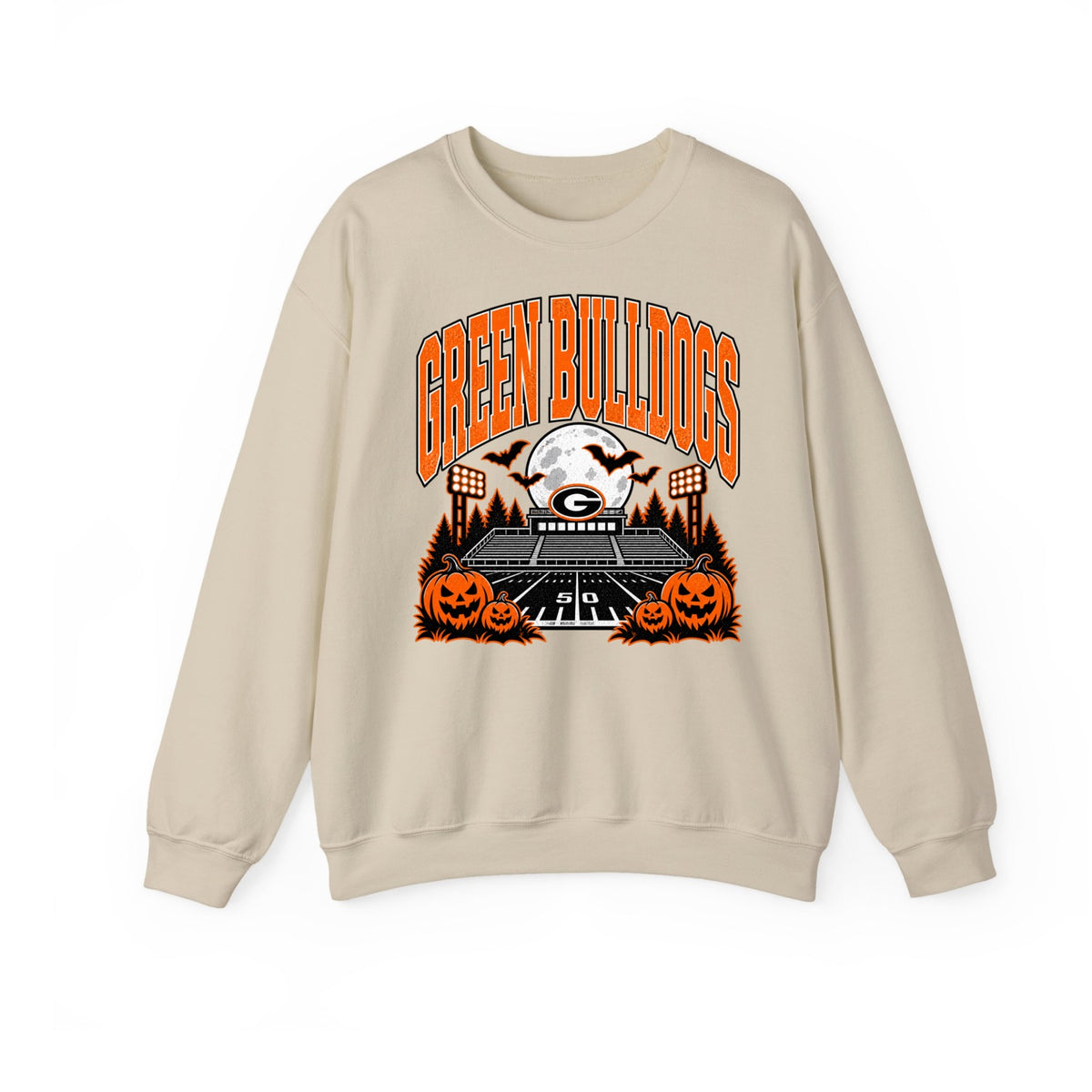 Green Bulldogs haunted stadium Halloween crewneck sweatshirt in sand