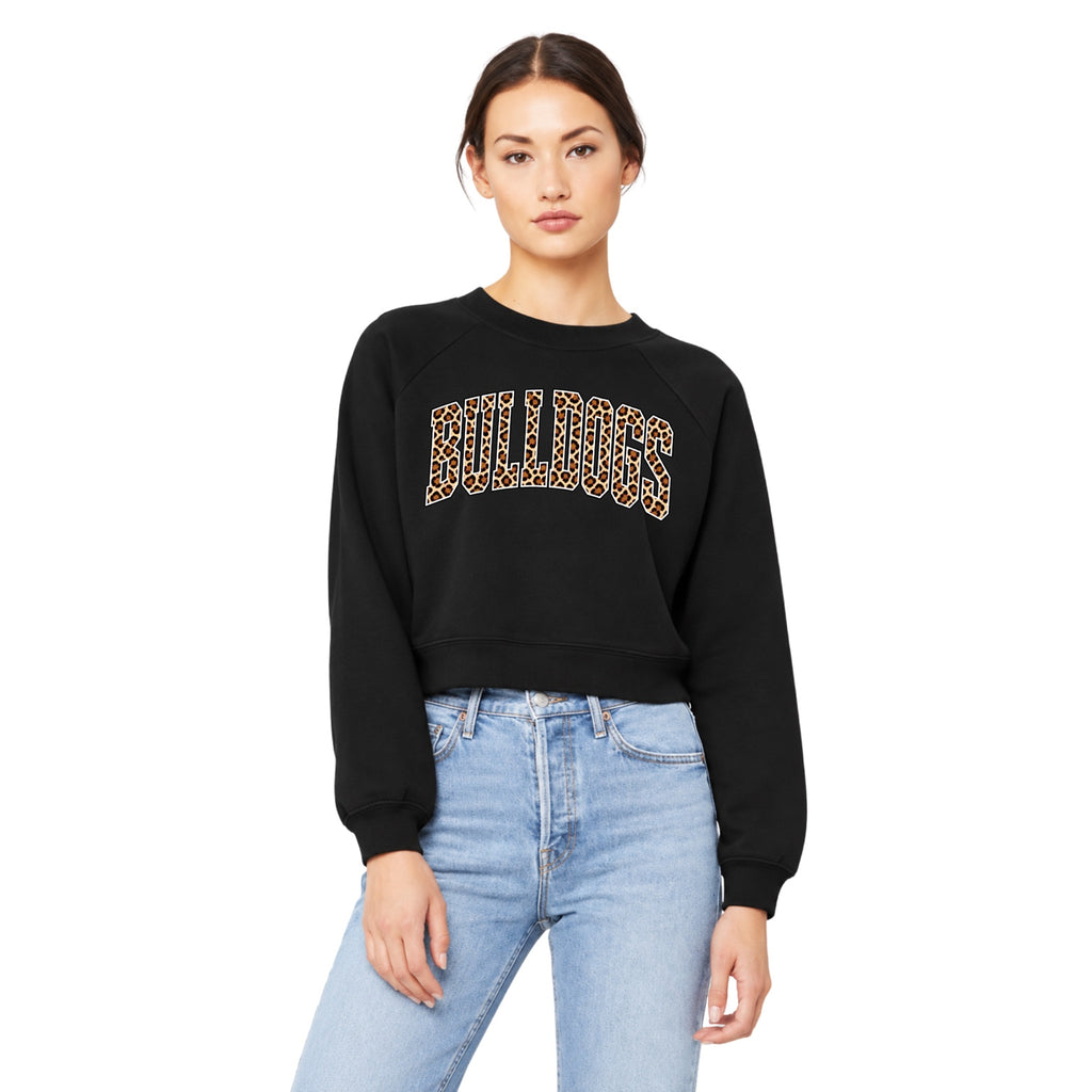 Model wearing black Green Bulldogs leopard varsity crop crewneck sweatshirt