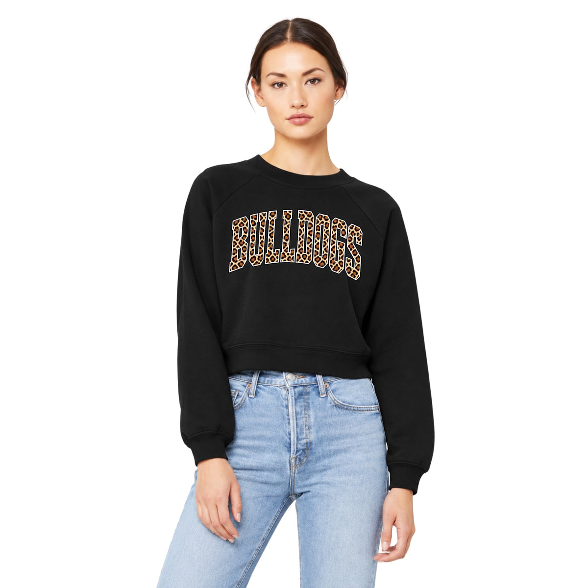 Model wearing black Green Bulldogs leopard varsity crop crewneck sweatshirt
