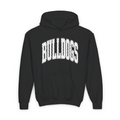Black youth hoodie with white polka-dot arched Bulldogs lettering