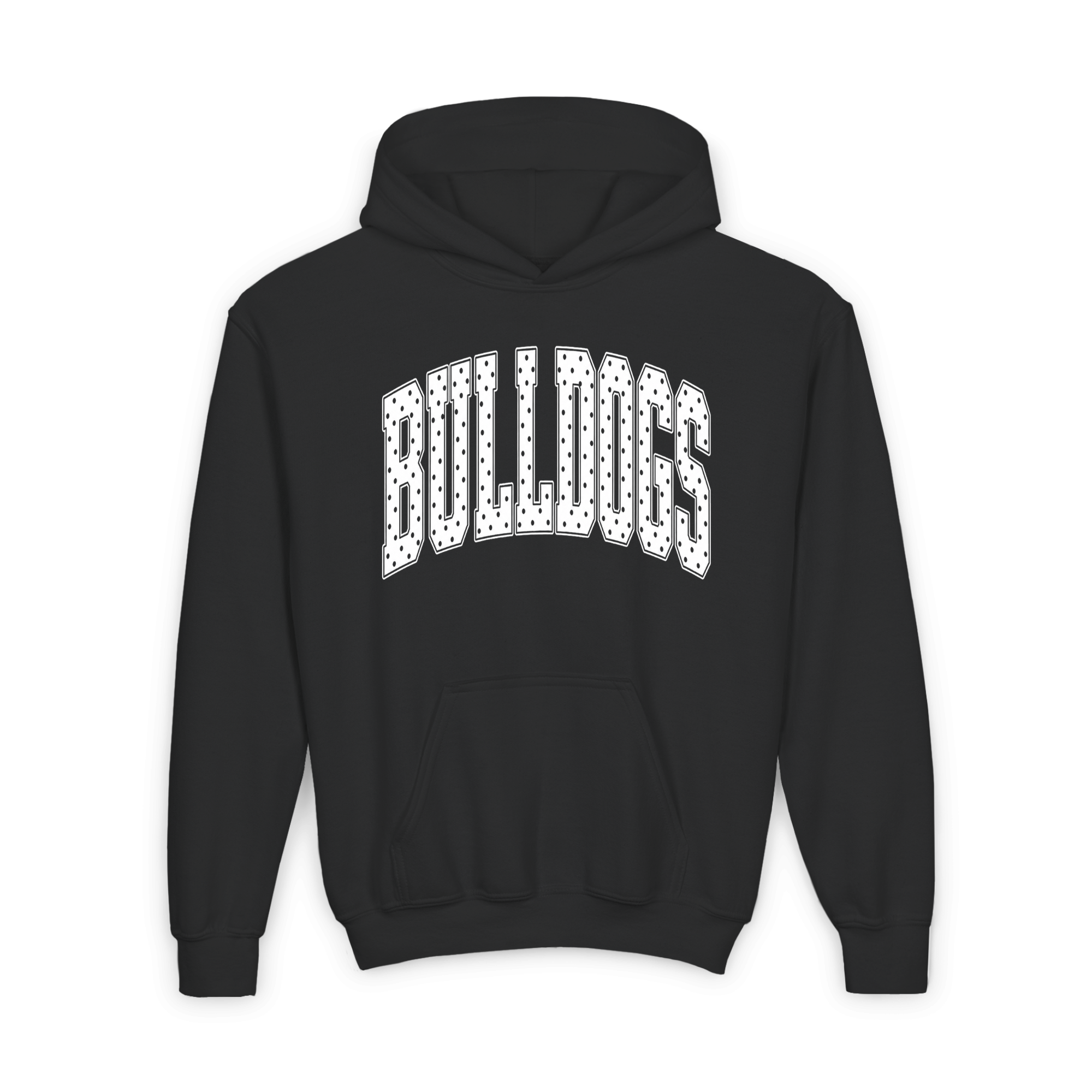 Black youth hoodie with white polka-dot arched Bulldogs lettering