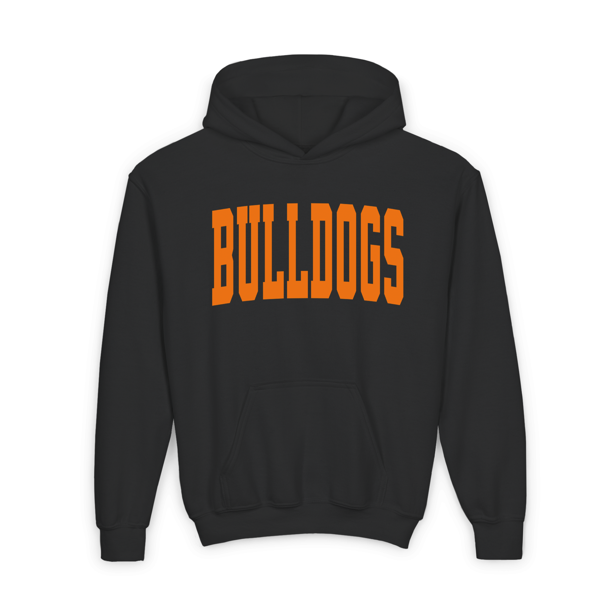 Black youth hoodie with orange arched Bulldogs lettering