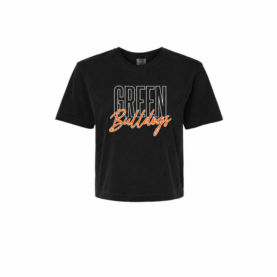 Green Bulldogs Varsity Script Mid-Crop Tee – Black