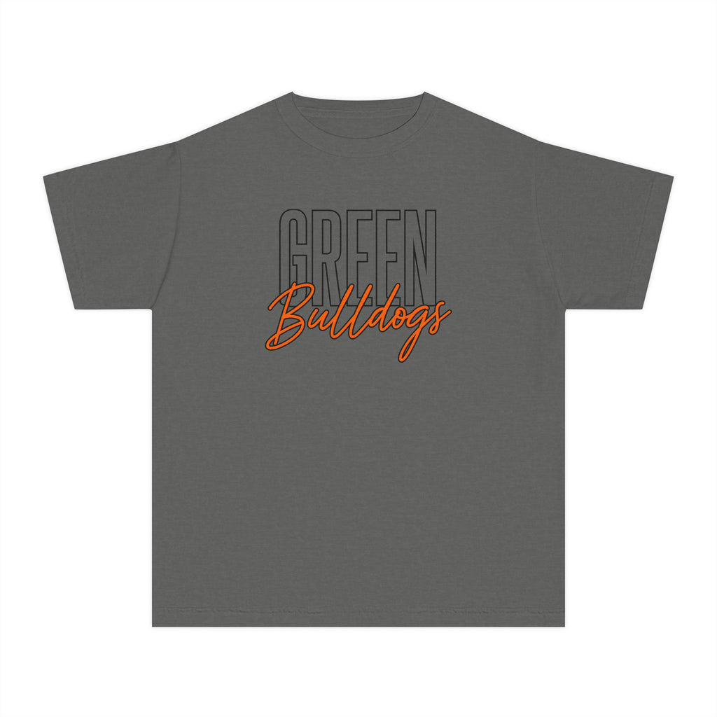 Green Bulldogs Varsity Script Youth Tee in Pepper Gray