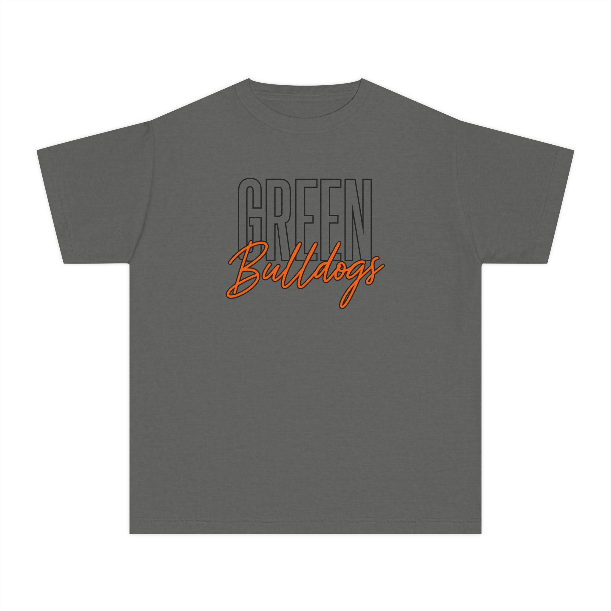 Green Bulldogs Varsity Script Youth Tee in Pepper Gray