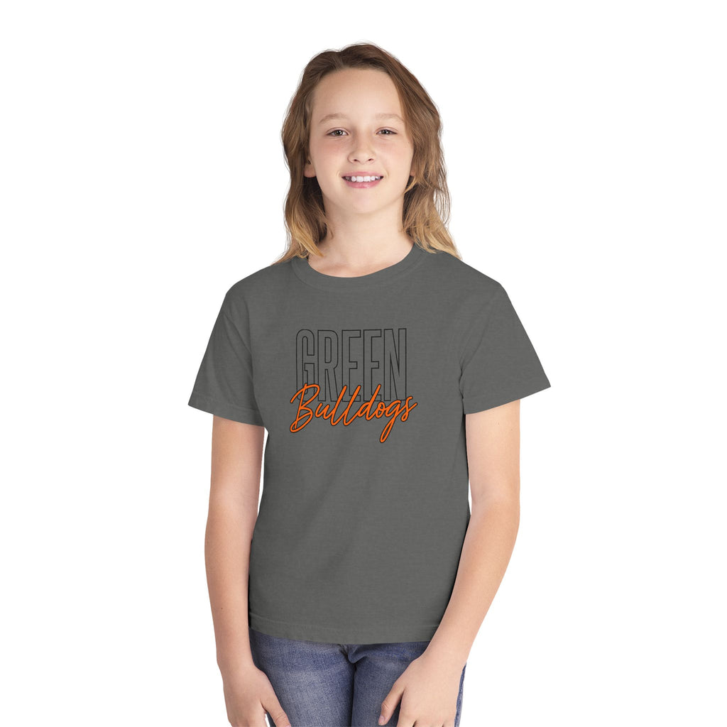 Youth model wearing Green Bulldogs Varsity Script Tee in Pepper Gray