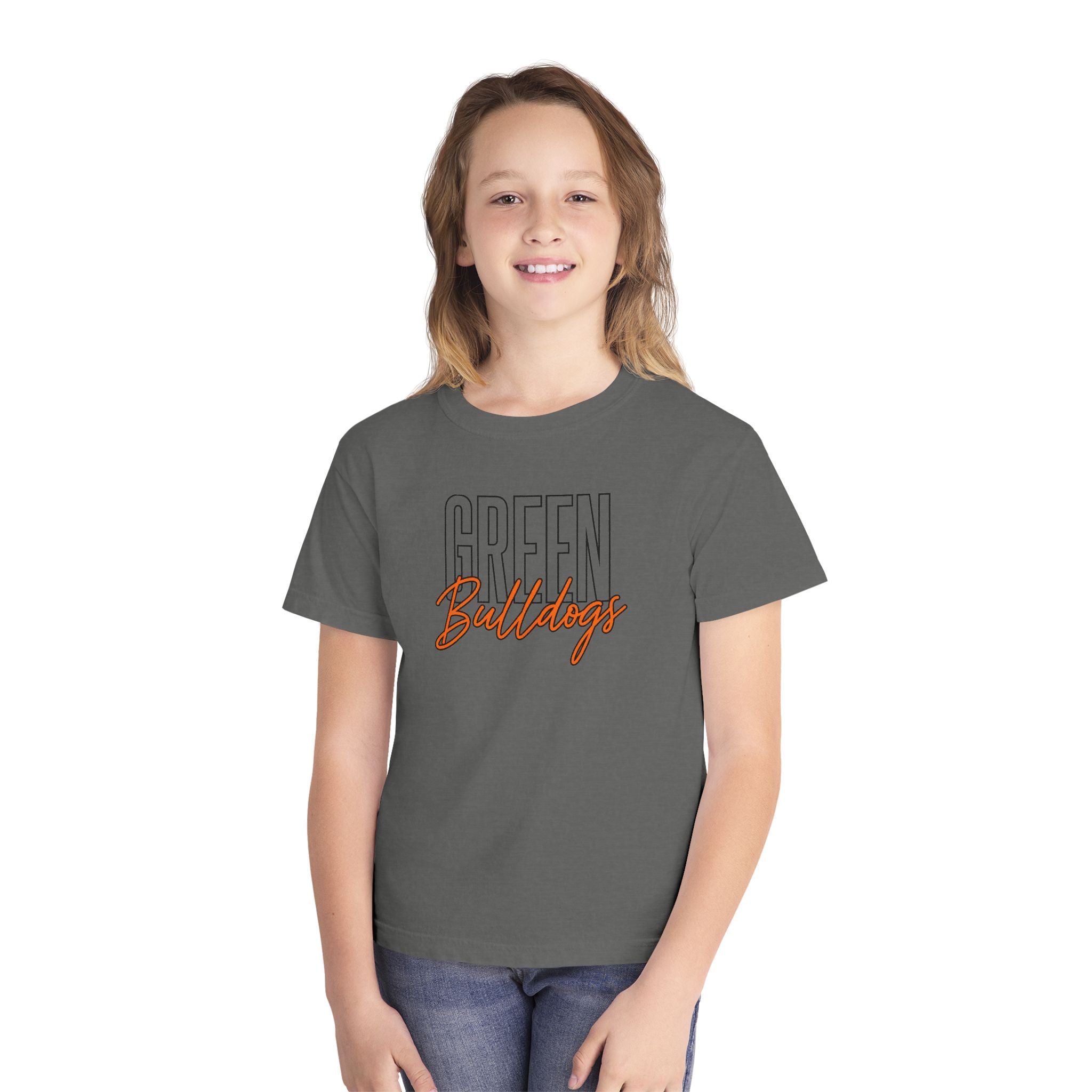 Youth model wearing Green Bulldogs Varsity Script Tee in Pepper Gray
