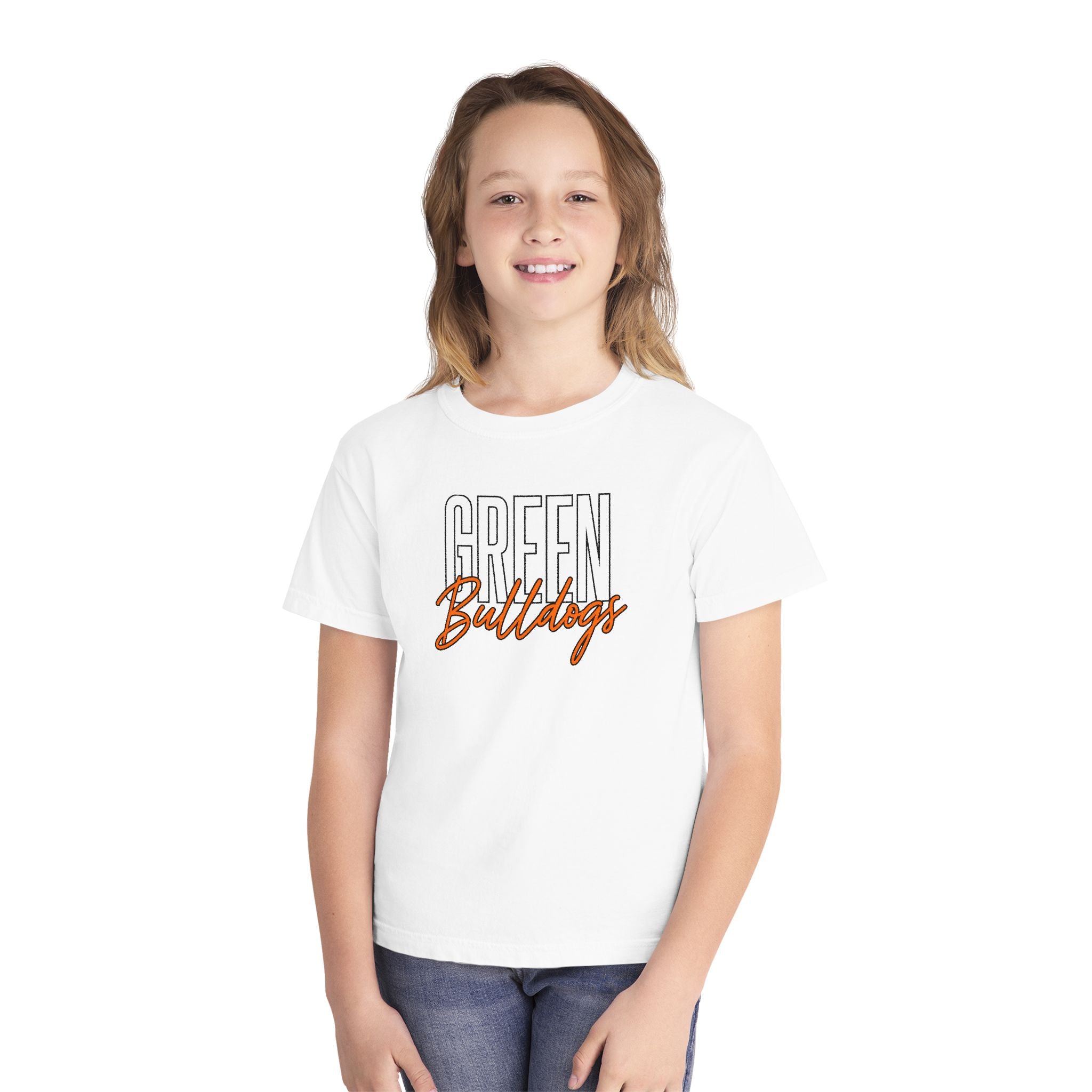 Youth model wearing Green Bulldogs Varsity Script Tee in White