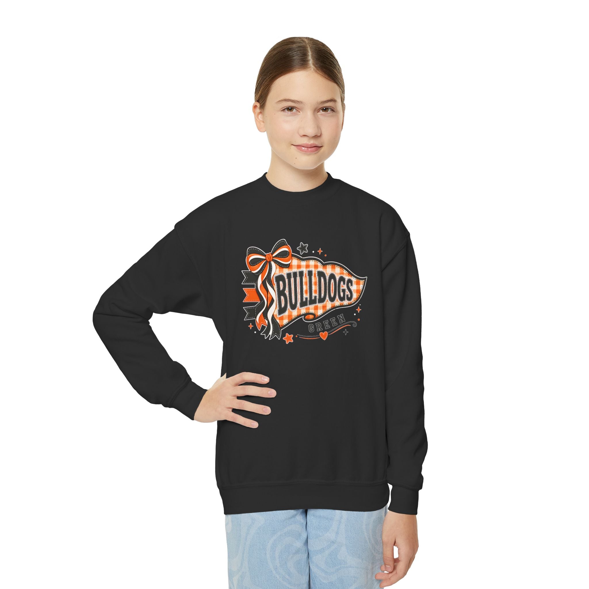 Youth model wearing Green Bulldogs gingham bow crewneck in Black