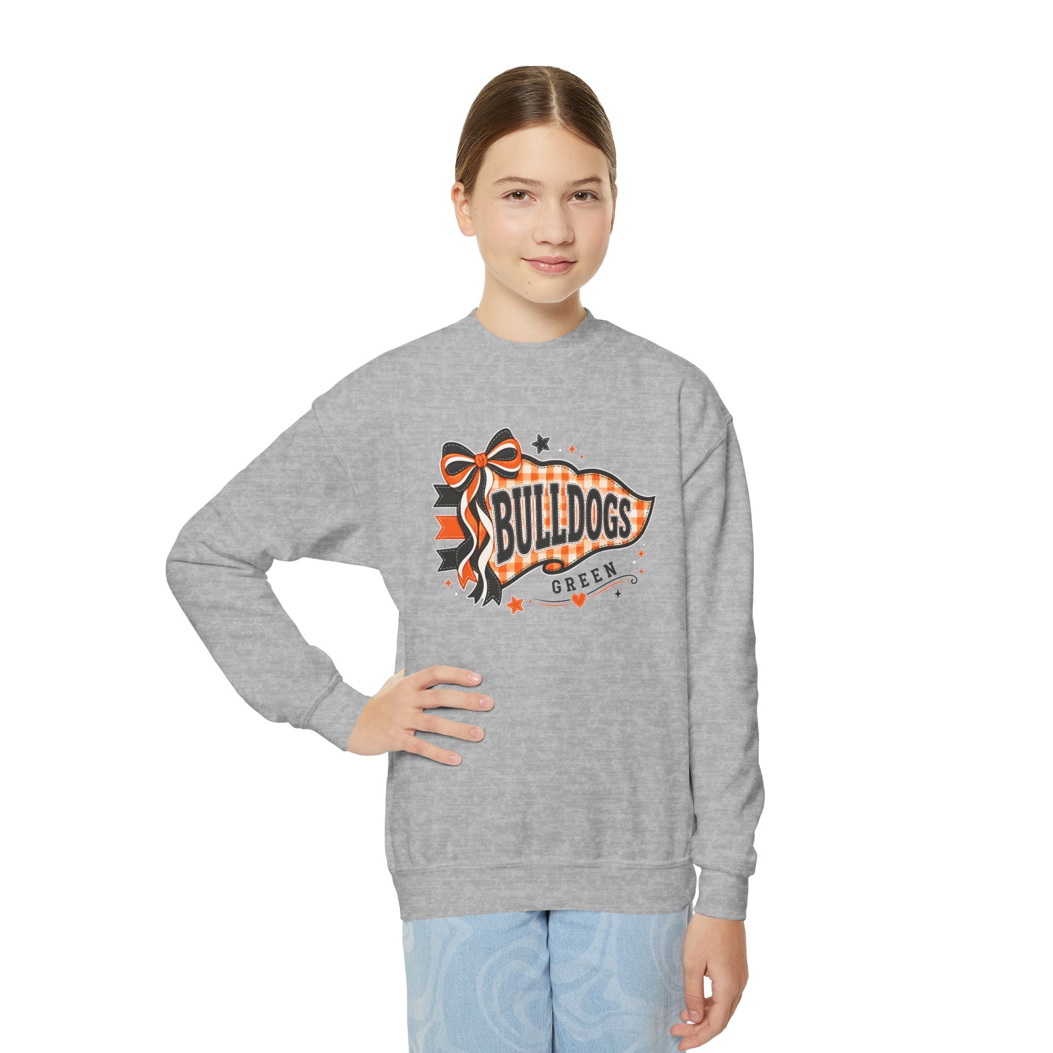 Youth model wearing Green Bulldogs gingham bow crewneck in Sport Grey