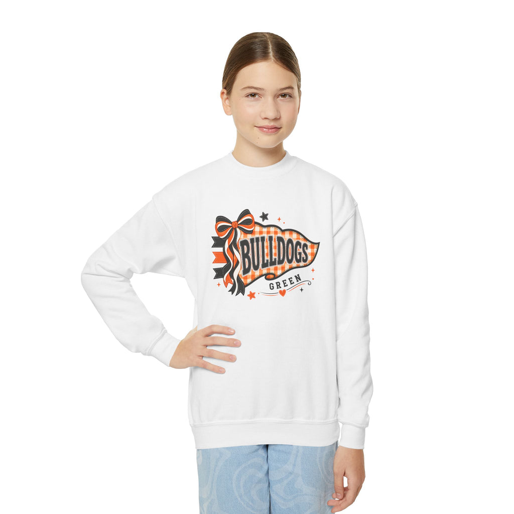 Youth model wearing Green Bulldogs gingham bow crewneck in White