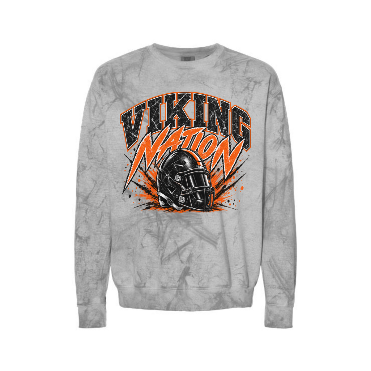 Smoke camo Comfort Colors crewneck sweatshirt with orange and black Viking Nation football graphic