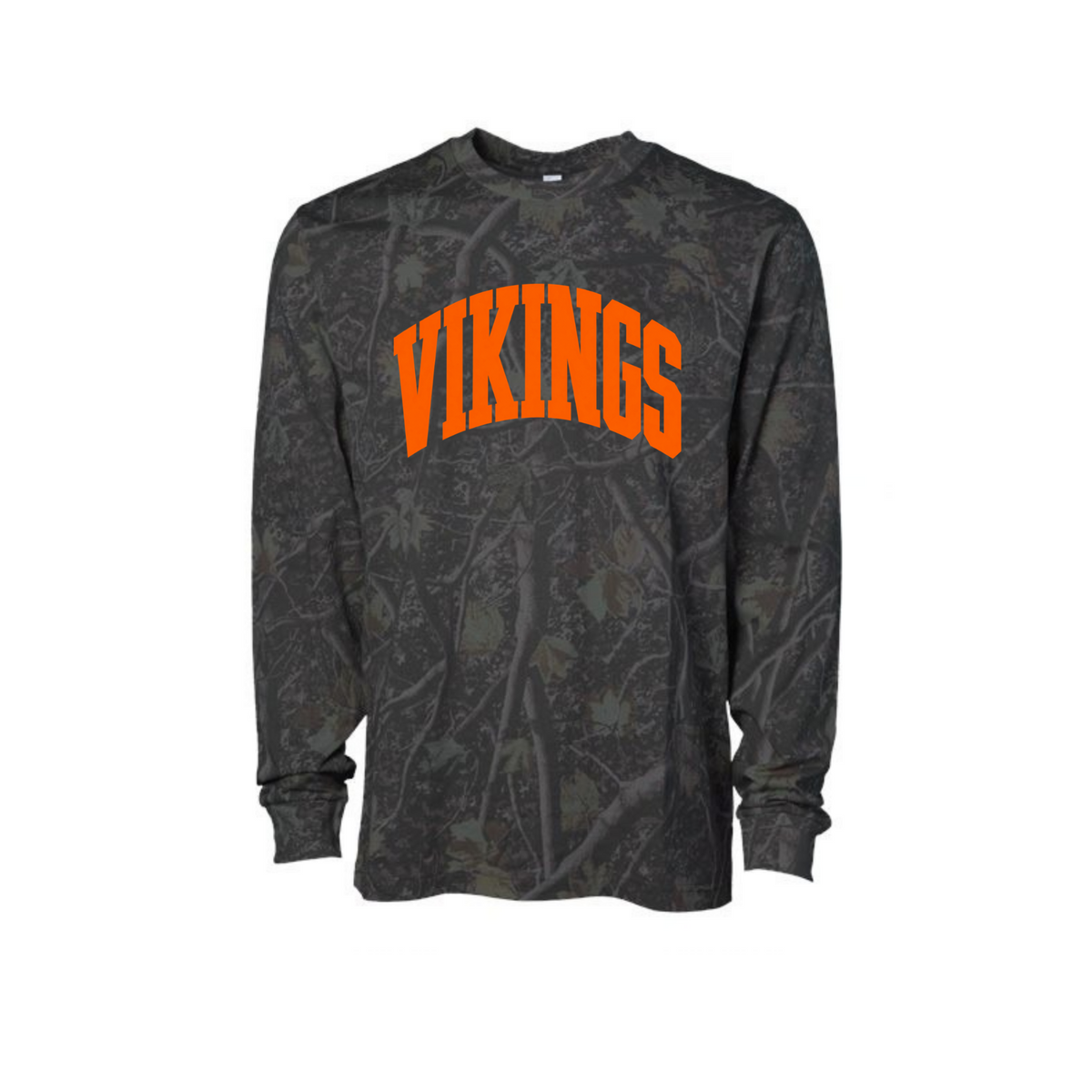 Hoover Vikings black camo long sleeve with orange VIKINGS varsity graphic