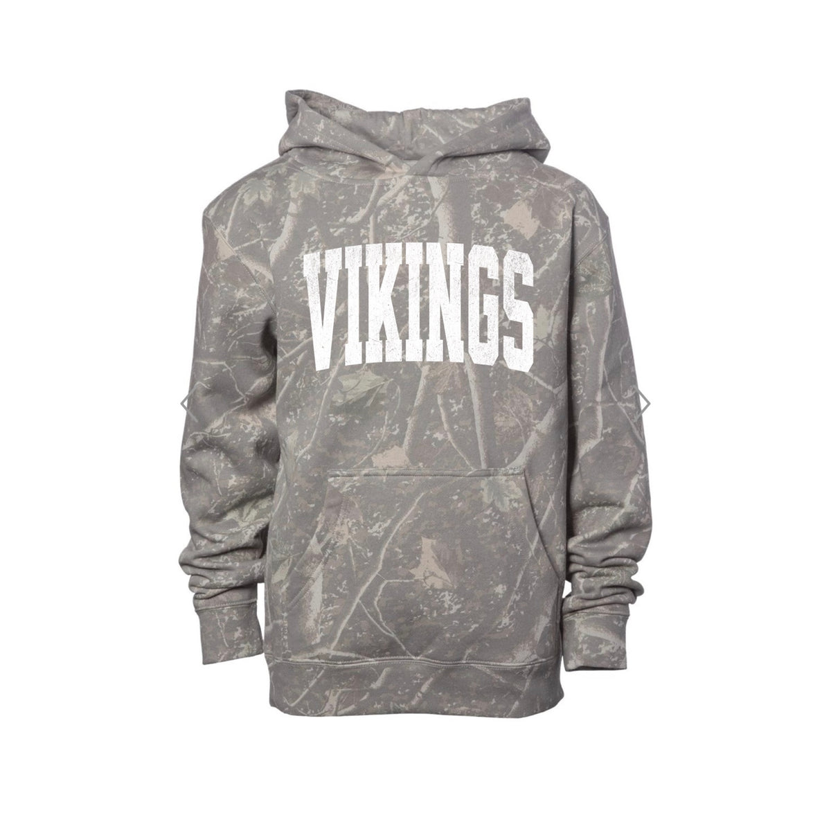 Hoover Vikings grey camo youth hoodie with white Vikings lettering