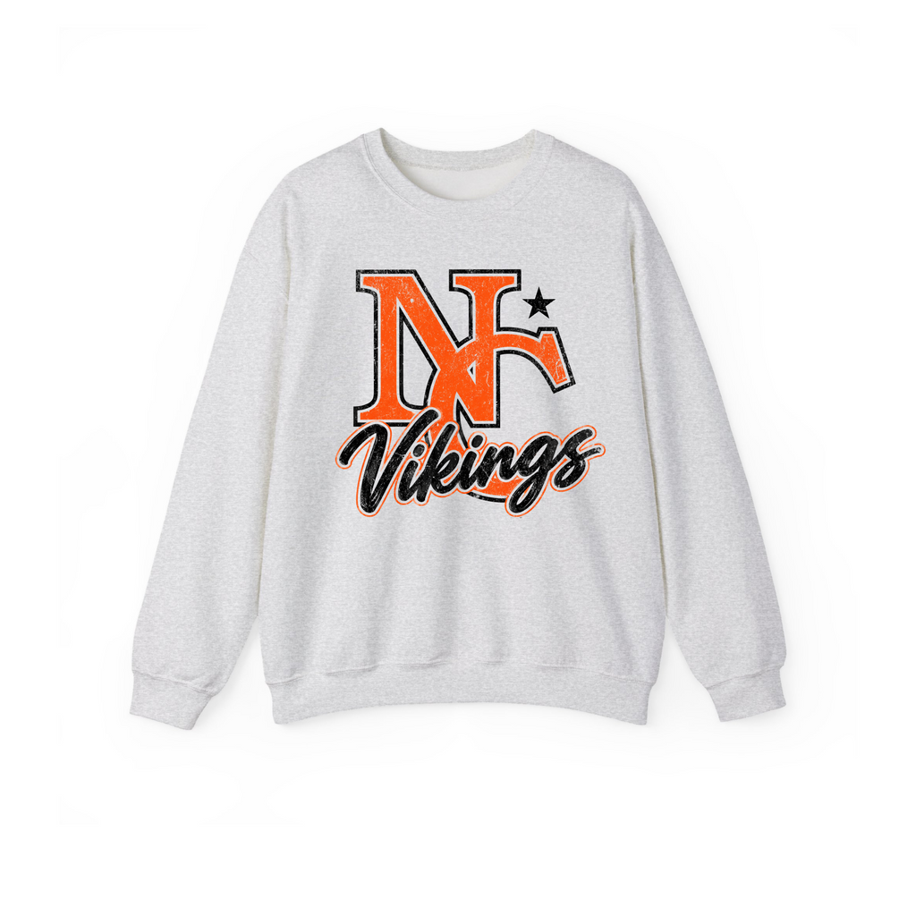 Ash gray Hoover Vikings distressed NC script Gildan 18000 crewneck sweatshirt