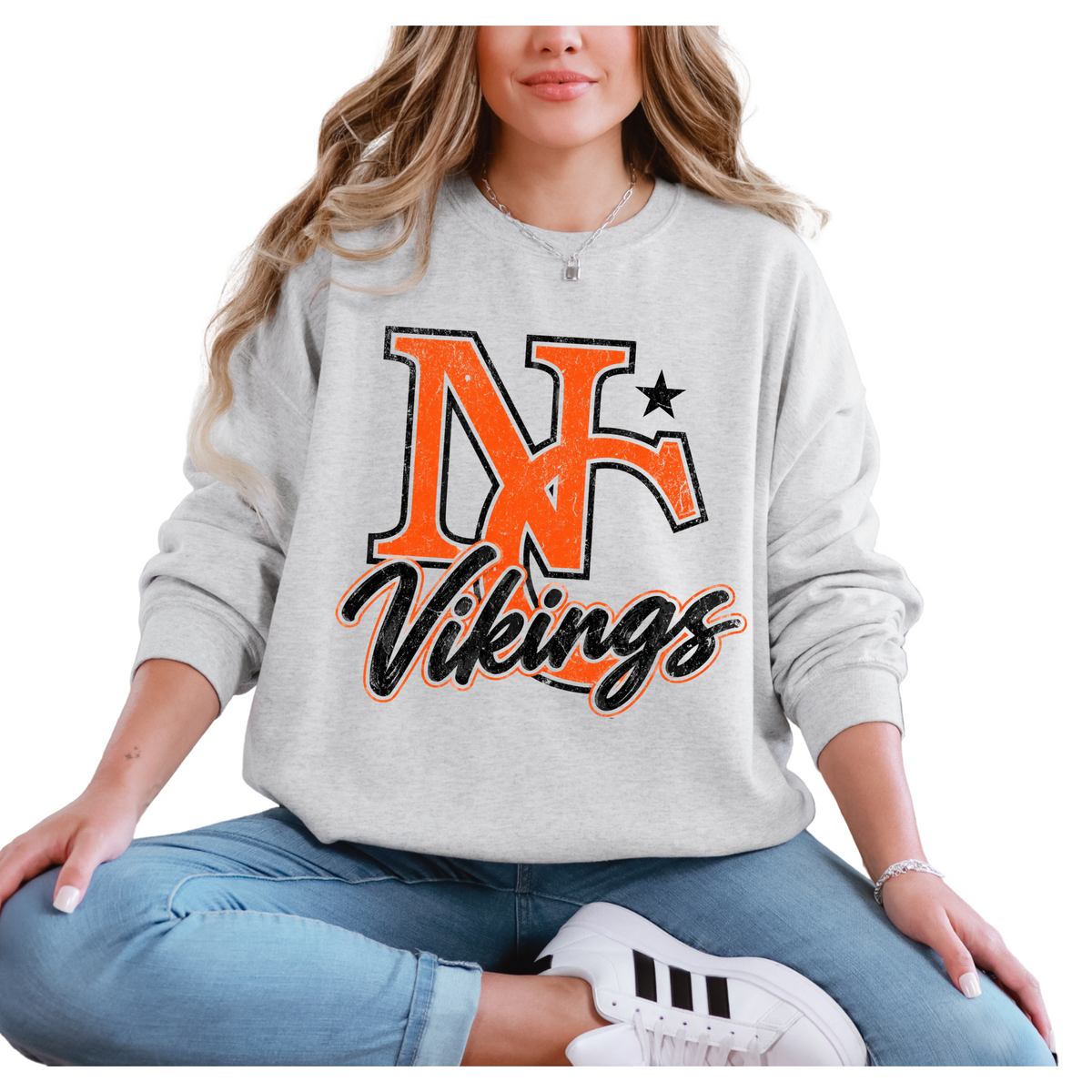 Model wearing ash gray Hoover Vikings distressed NC script crewneck sweatshirt