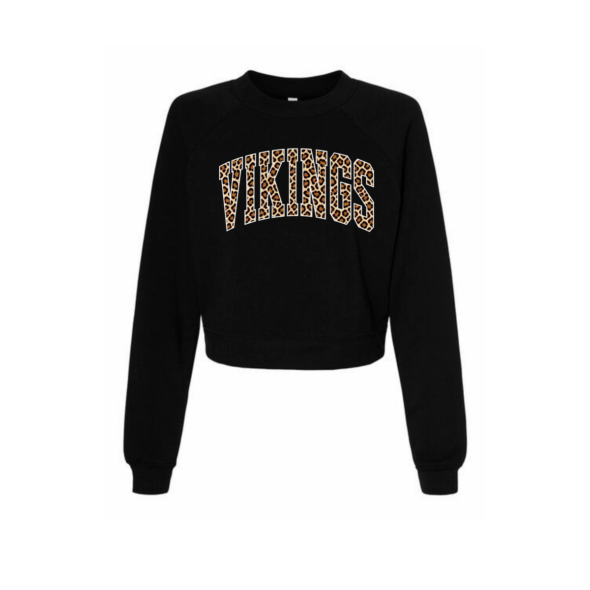 Hoover Vikings leopard varsity crop crewneck sweatshirt in black flat lay
