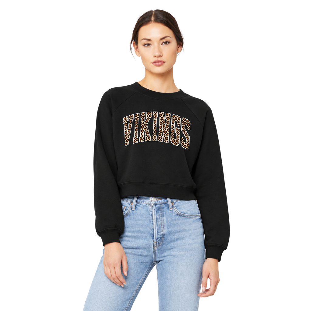 Model wearing black Hoover Vikings leopard varsity crop crewneck sweatshirt