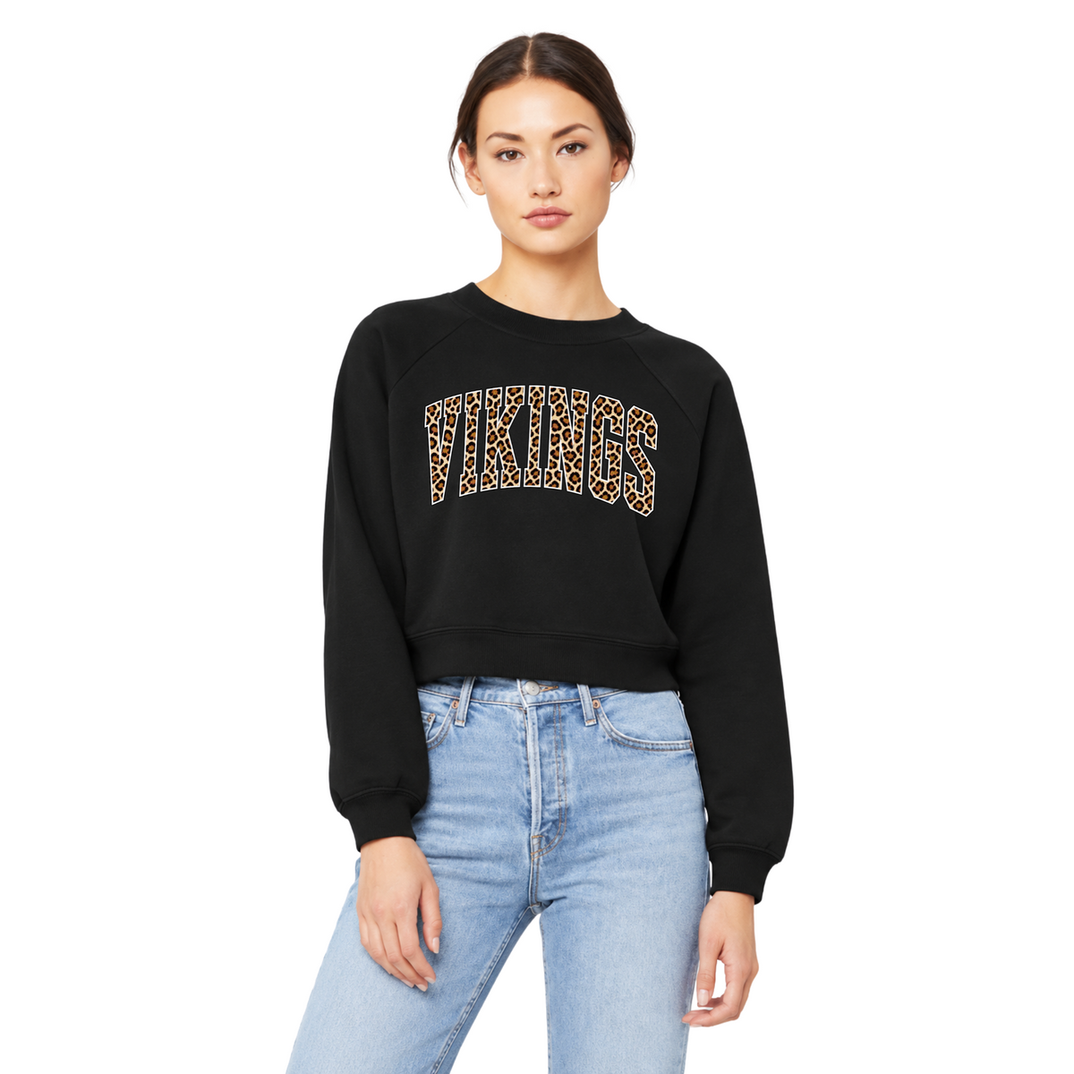 Model wearing black Hoover Vikings leopard varsity crop crewneck sweatshirt