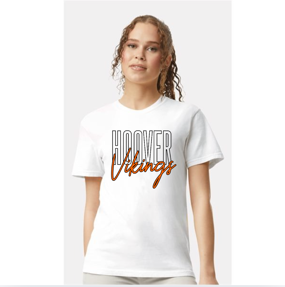 Model wearing white Hoover Vikings script unisex T-shirt