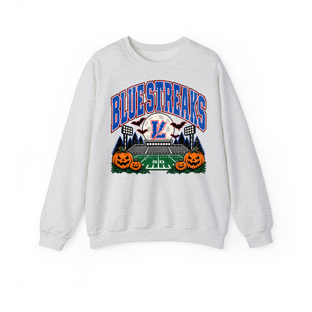 Lake Blue Streaks haunted stadium Halloween crewneck sweatshirt in ash gray
