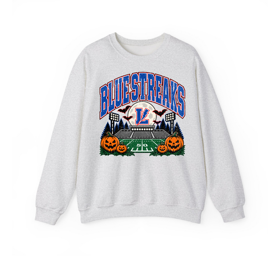 Lake Blue Streaks haunted stadium Halloween crewneck sweatshirt in ash gray
