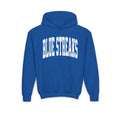 Royal blue youth hoodie with white arched Blue Streaks lettering