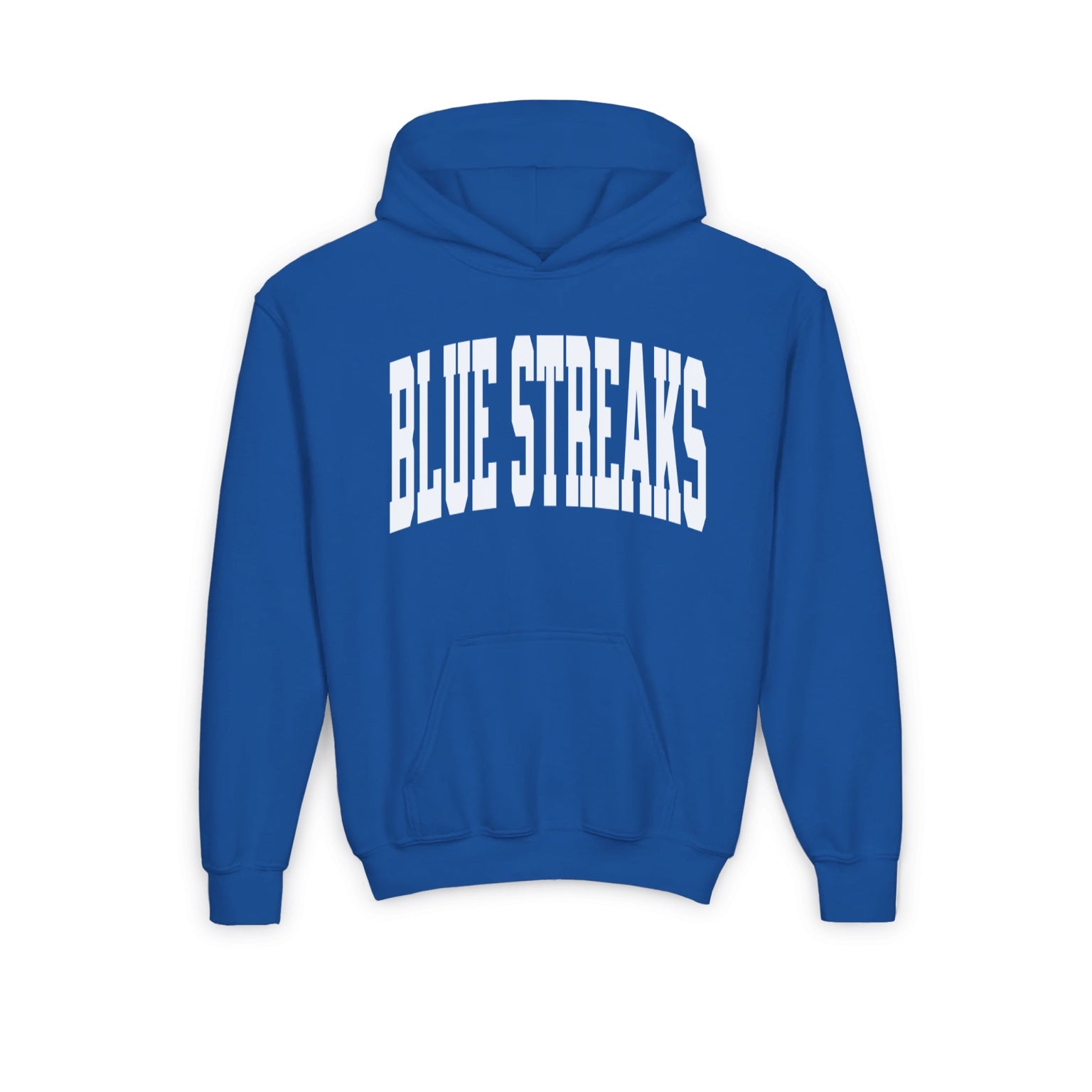 Royal blue youth hoodie with white arched Blue Streaks lettering