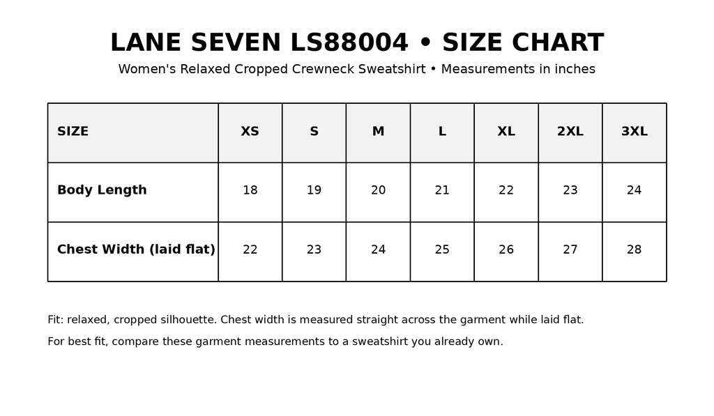 Lane Seven LS88004 cropped crewneck sweatshirt size chart