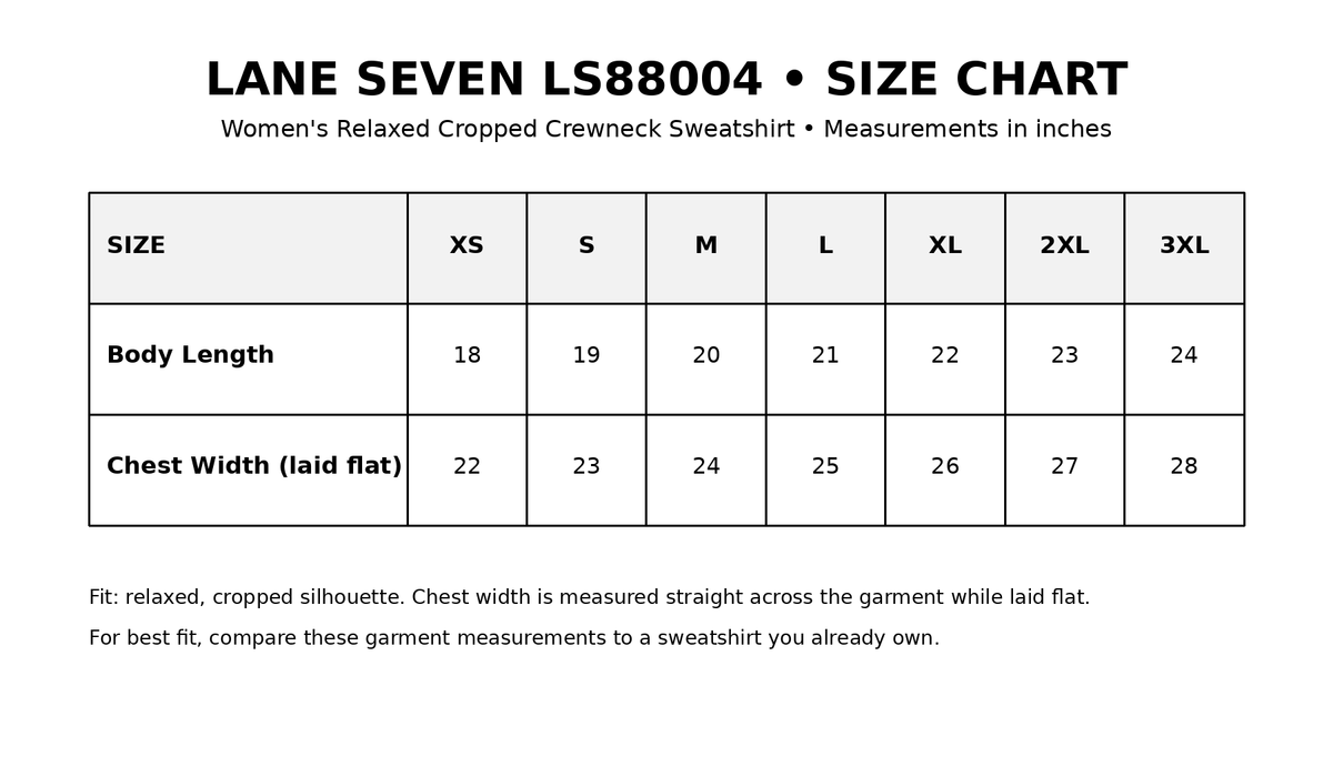 Lane Seven LS88004 cropped crewneck sweatshirt size chart