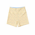 Lemon yellow high-rise biker shorts with a small blue and purple floral print