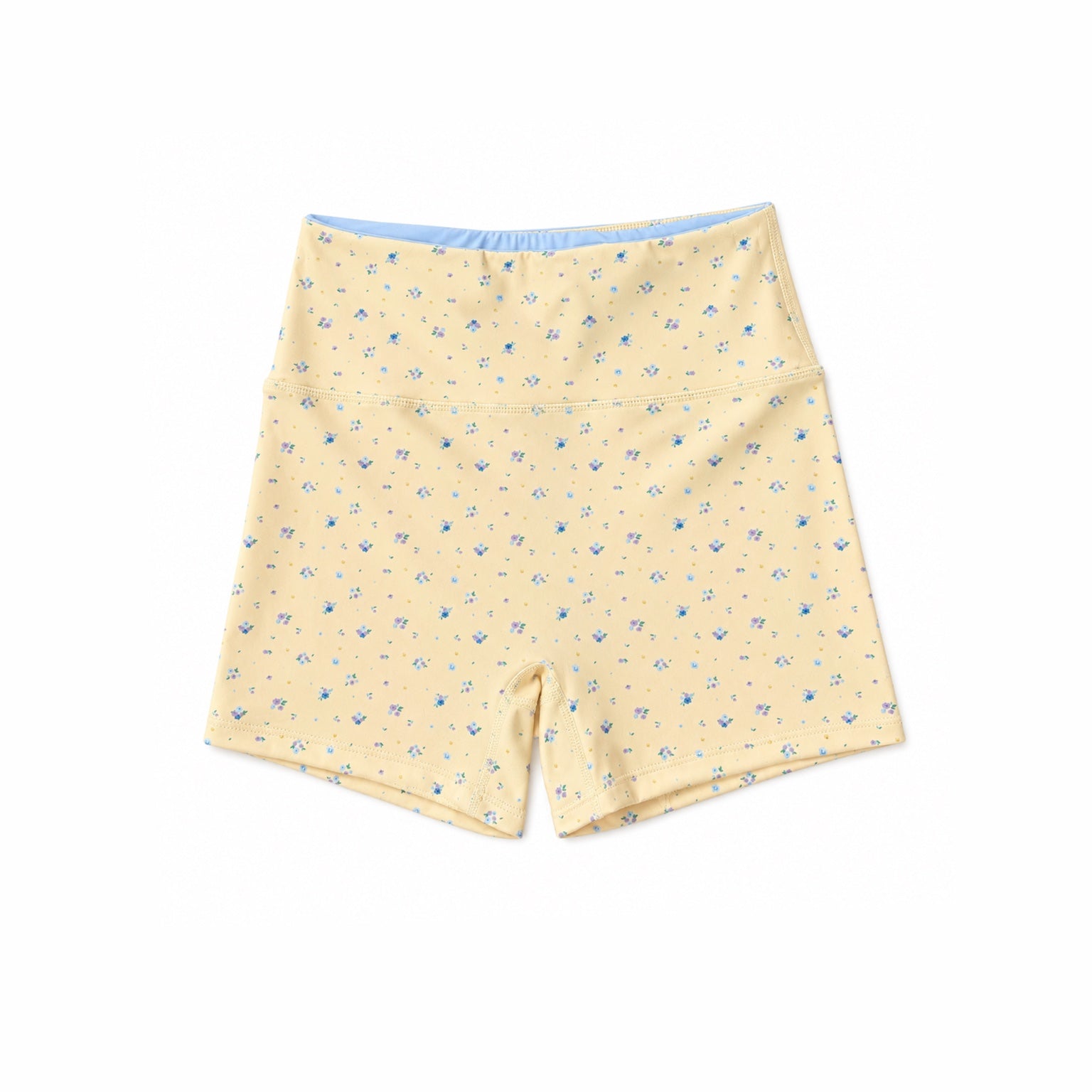 Lemon yellow high-rise biker shorts with a small blue and purple floral print