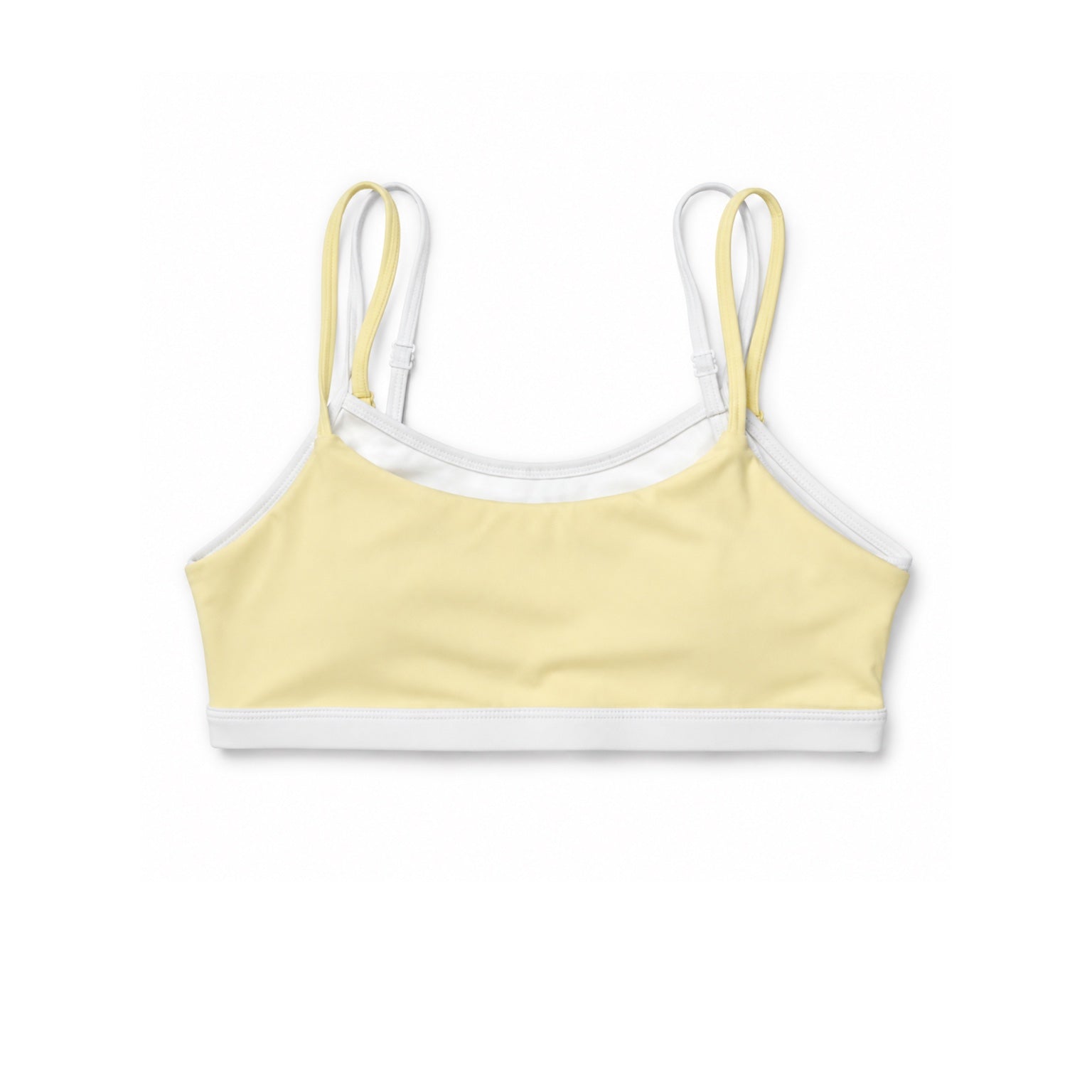 Pale lemon yellow double-strap active top with white contrast trim