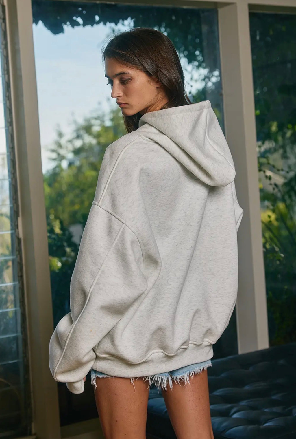Back view of ash gray oversized pullover hoodie