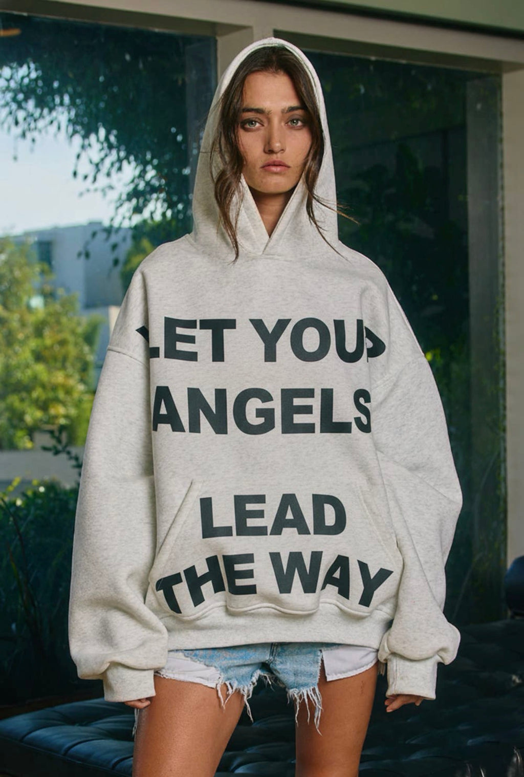 Ash gray oversized hoodie with Let Your Angels Lead the Way graphic shown from the front