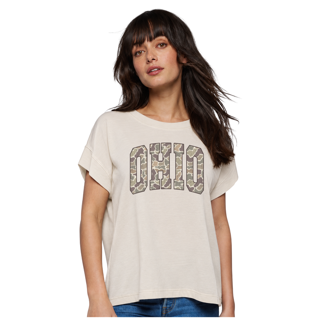 Ohio camo varsity women's vintage wash tee in washed natural on model