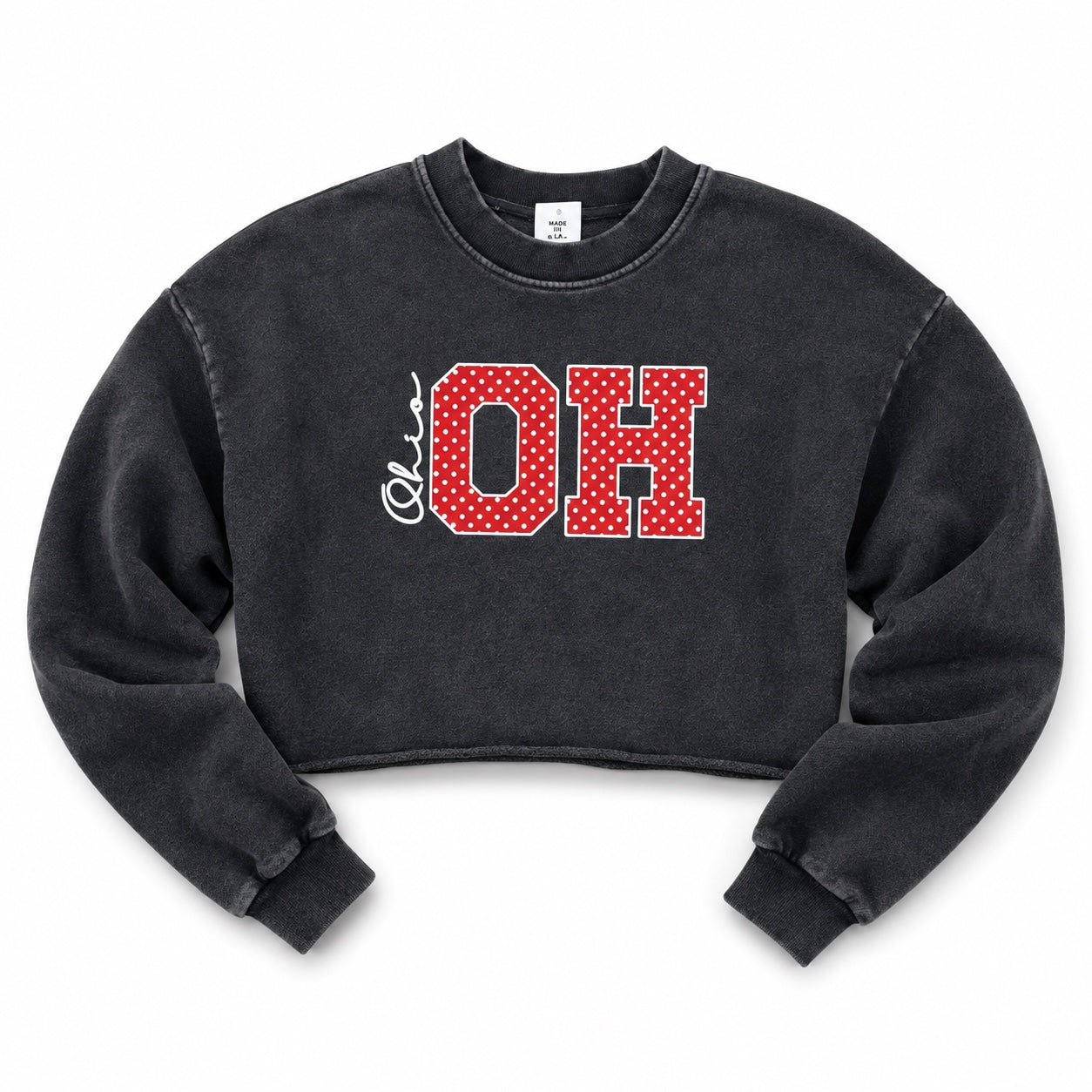 Washed black cropped crewneck with red and white polka dot Ohio graphic
