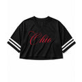 Black cropped football jersey with red Ohio script and white sleeve stripes