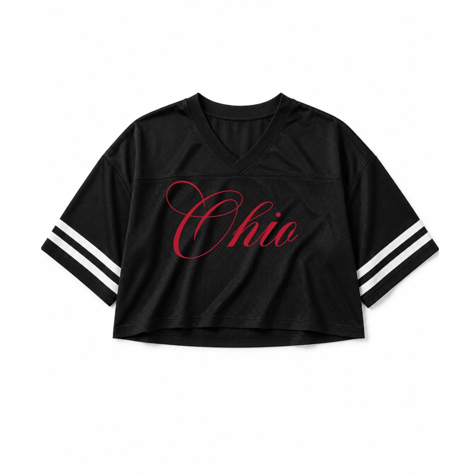 Black cropped football jersey with red Ohio script and white sleeve stripes